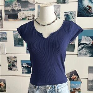 Forever 21 Navy Ribbed Notch-Neck Short Sleeve Tee